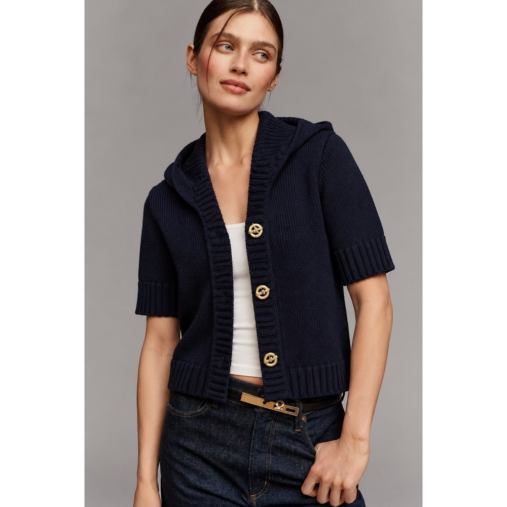 Lauren Ralph Lauren Navy Hooded Short Sleeve Knit Cardigan L Gold Anchor Button
